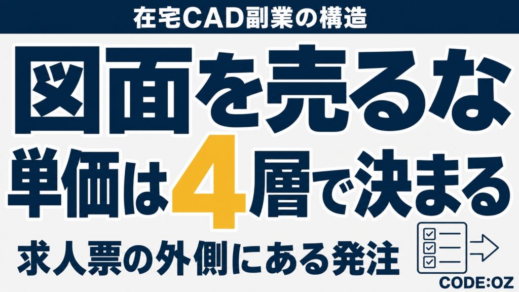 CADオペレーターの在宅副業を解説する記事のアイキャッチ画像。図面を売るな、単価は4層で決まる