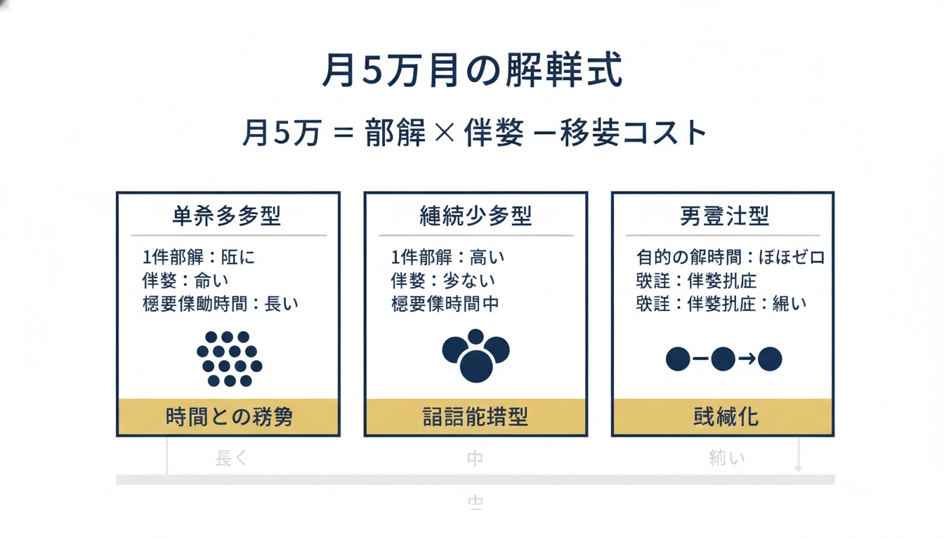月5万円の分解式。月5万=1件あたり報酬×件数−修正コスト、を「単発多数型」「継続少数型」「再委託型」の3パターンで並べ、必要な稼働時間の考え方を比較する図を示した図解(cadオペレーター 在宅 副業の解説記事より)