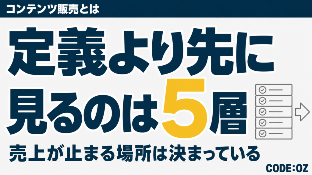 コンテンツ販売の仕組みを解説する記事のアイキャッチ画像。定義より先に見るのは、お金が入るまでの5つの段階
