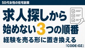 50代女性が在宅の副業を始める手順を解説した記事のアイキャッチ画像。求人探しではなく経験から始める3つの順番
