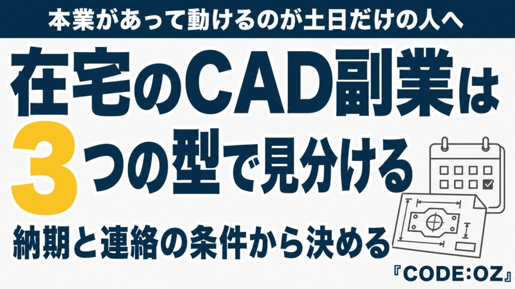 本業があって動けるのが土日だけの人へ向けたアイキャッチ画像。在宅のCAD副業では案件を中断できるかで3つの型に分け、納期と連絡の条件から受けるものを選ぶと書かれています。