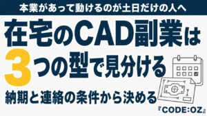 本業があって動けるのが土日だけの人へ向けたアイキャッチ画像。在宅のCAD副業では案件を中断できるかで3つの型に分け、納期と連絡の条件から受けるものを選ぶと書かれています。