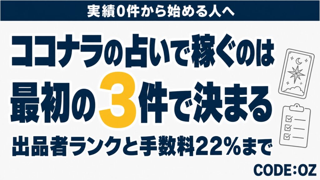 ココナラの占いで稼ぐ方法を解説する記事のアイキャッチ画像です。最初の3件と出品者ランク、手数料22%までを扱います。