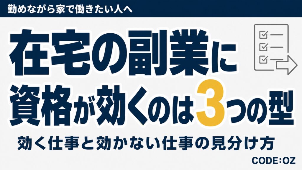 在宅でできる仕事を、資格が要る型・有ると選ばれやすい型・有無が響かない型の3つに分けたアイキャッチ画像