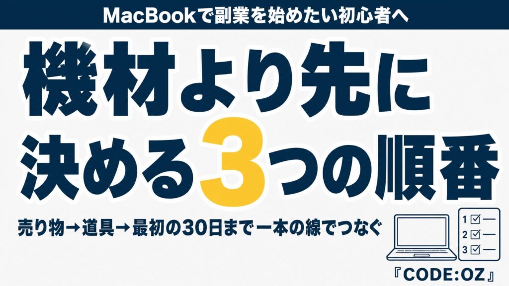 MacBookで副業を始めたい初心者に向けた記事のアイキャッチ画像。機材より先に決める3つの順番を示している