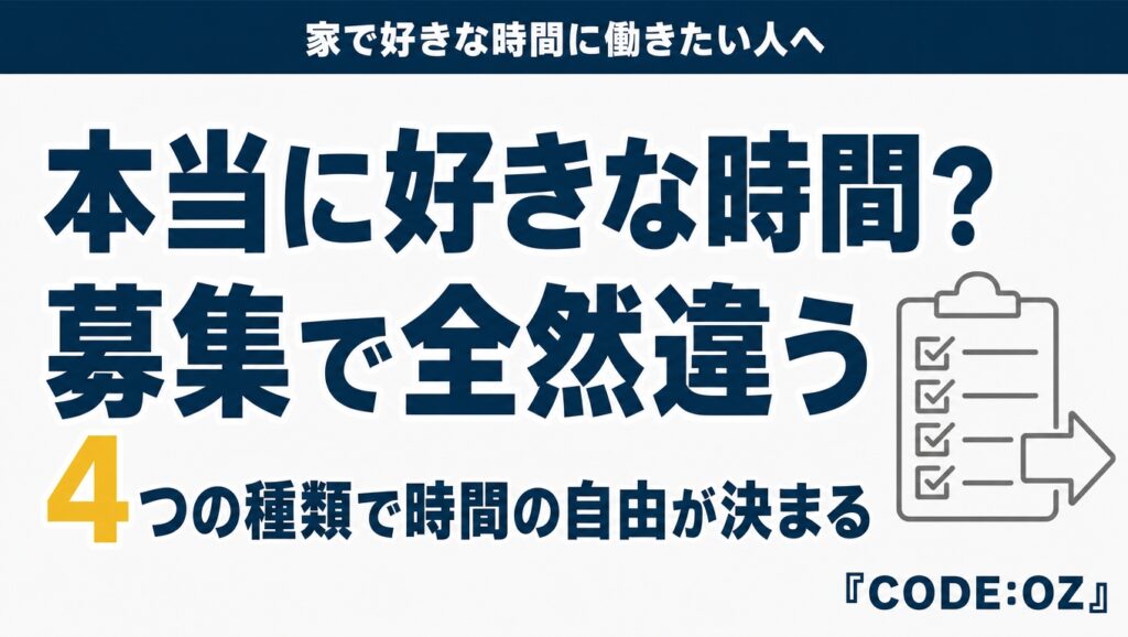 記事「在宅のデータ入力で、好きな時間に働ける副業と働けない副業の見分け方」のアイキャッチ画像。本当に好きな時間?募集で全然違う